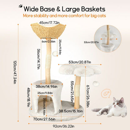 Measurement chart of a cat tree with dimensions and a cat sitting on it.