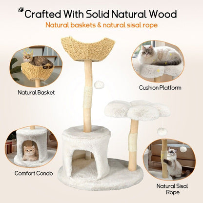 Cat tree with natural wood, sisal rope, and cushion platform on a white background