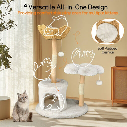 Cat tree with multiple levels and a soft cushion, suitable for multiple cats, in a home setting.