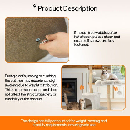 Instructions for installing and using a cat tree with text and images of a hand screwing in a screw with an alan key and cats on the cat tree.