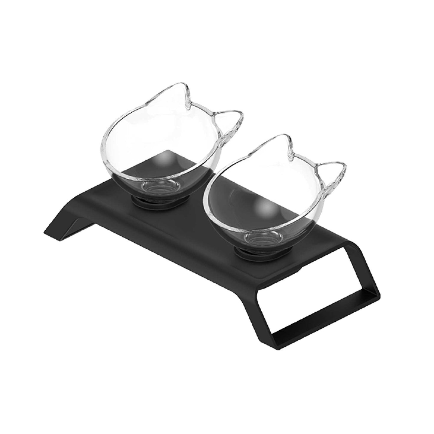 Cat-shaped plastic bowls on a black tray with a white background