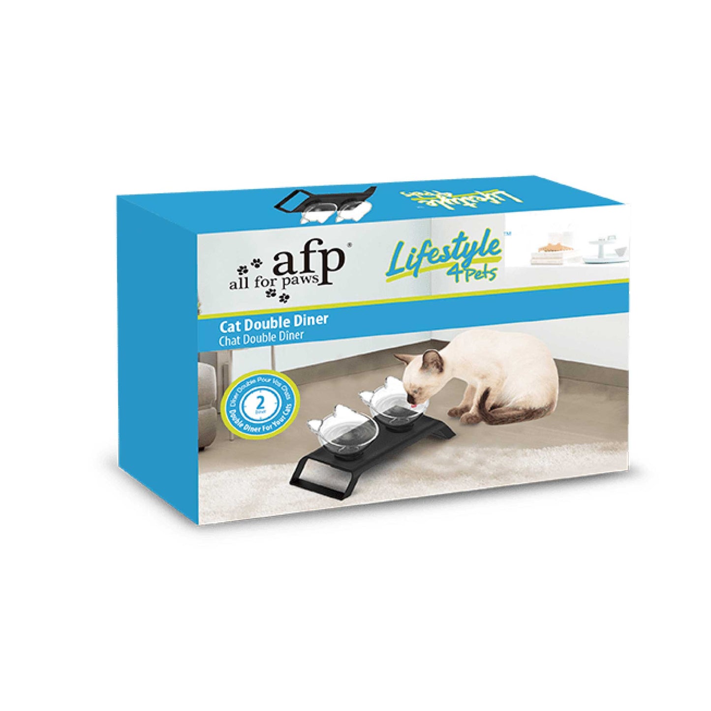 Box of All for Paws Cat Double Dinner with a cat eating from the bowls on a white background