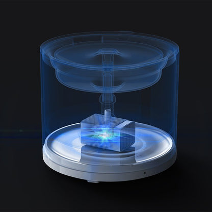 Transparent cylindrical device with a central light source on a black background