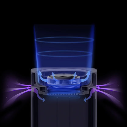 Diagram of a smart odour eliminator with blue and purple lines indicating purification.