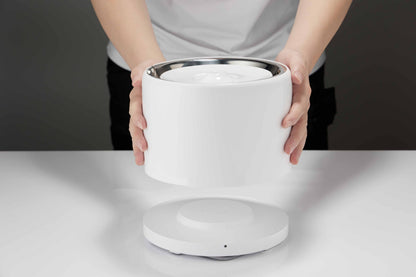 White cat water fountain held by a person on a grey surface with a dark background