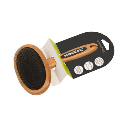Pet grooming brush with wooden handle and black bristles, displayed against a white background.