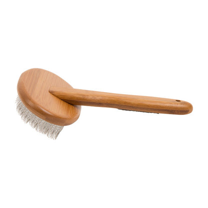 Wooden pet brush with metal bristles on a white background