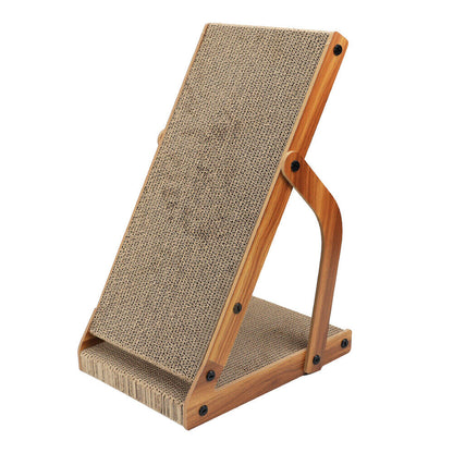 Wooden cat scratcher with corrugated cardboard surface on a white background