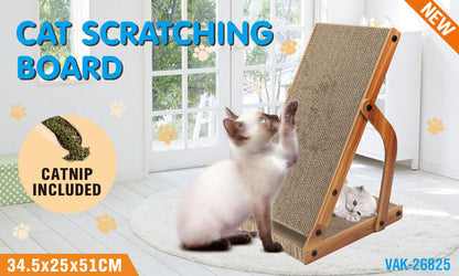 Cat scratching board with catnip included, featuring two cats on a light wooden floor, with catnip.
