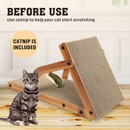 Cat scratcher with catnip included, featuring a cat sitting next to it on a wooden floor.