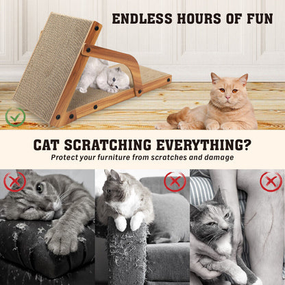 Cat scratching post with text about protecting furniture from scratches, featuring a cat sitting on a wooden platform.