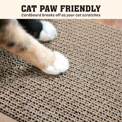 Cat paw on a cardboard scratcher with text 'Cat Paw Friendly'.