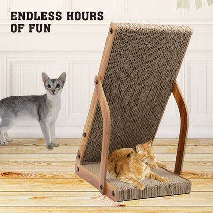 Two cats on a wooden floor with a cat scratcher, text 'Endless Hours of Fun' above.
