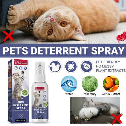 Pets Deterrent Spray packaging with a cat image, and product details.