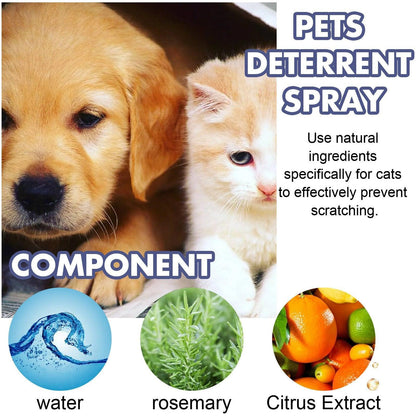 Advertisement for pets deterrent spray with a puppy and kitten, showing natural ingredients like water, rosemary, and citrus extract.