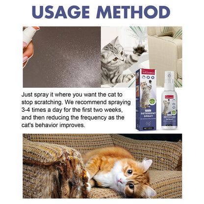 Cat deterrent spray usage method with images of cats and product packaging.