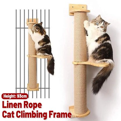 Cat Climbing Frame Wall Post Flax Rope Scratcher Hanging Toy Furniture Kittens