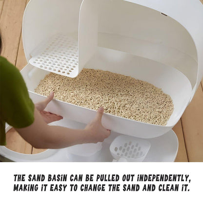 White cat litter box with sand, showing ease of cleaning.