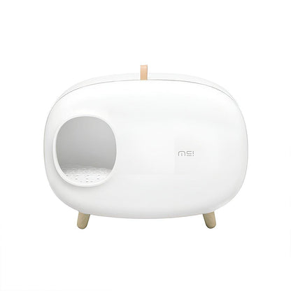 White pet litter box with wooden legs on a white background