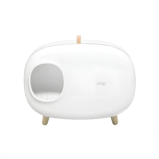 White pet litter box with wooden legs on a white background