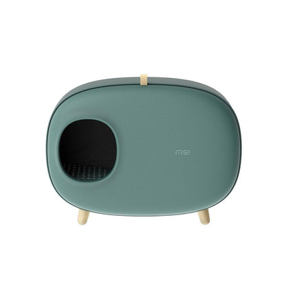 Green pet litter box with 'MEI' branding on a white background