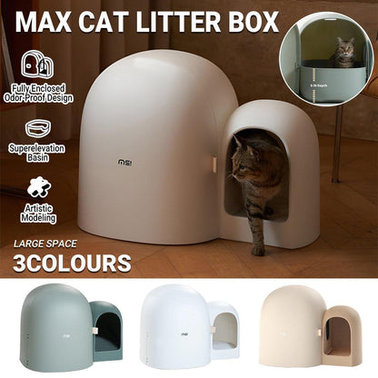Max cat litter box with a cat inside, shown in different colors on a wooden floor.