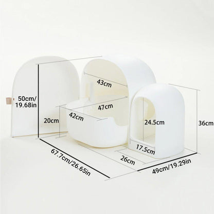 White open litter box with measurement details on a white background