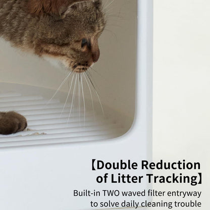 Cat using a litter box with text about double reduction of litter tracking