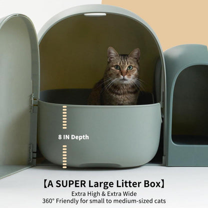 Cat inside a large litter box with text highlighting features
