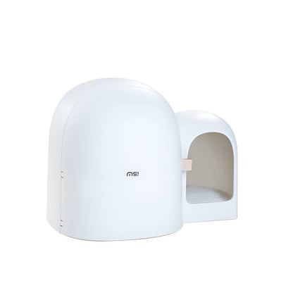 White enclosed litter box with a small door on a white background