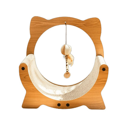 Wooden cat toy with a hanging ball on a white background