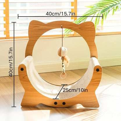 Wooden cat toy with dimensions displayed on a light background