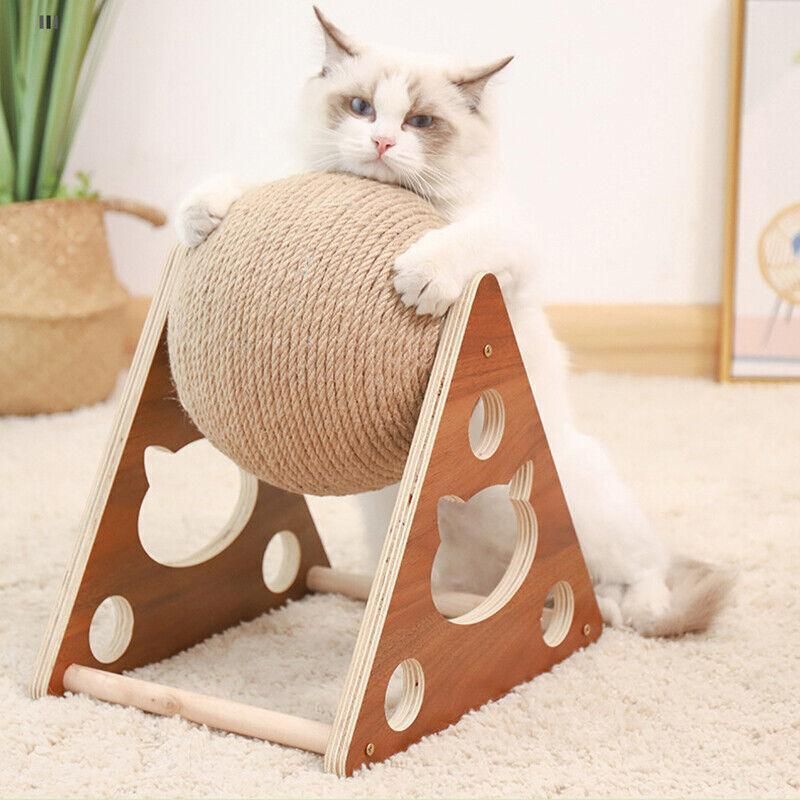 Wooden Cat Scratcher Toy with Rotating Sisal Ball