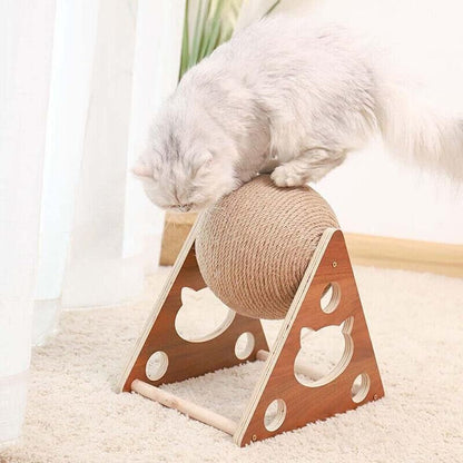 Wooden Cat Scratcher Toy with Rotating Sisal Ball