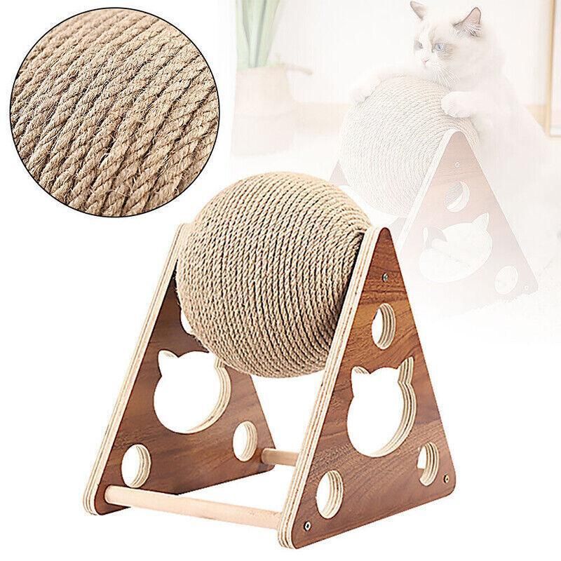 Wooden Cat Scratcher Toy with Rotating Sisal Ball