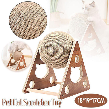 Pet cat scratcher toy with wooden base and rope ball, close-up of rope texture.
