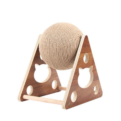 Wooden cat toy with a ball of rope on a white background