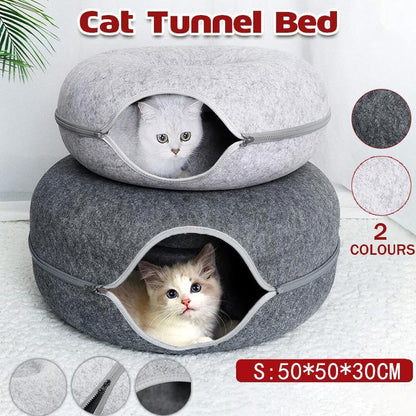 Cat Tunnel Bed with two cats inside, on a light background