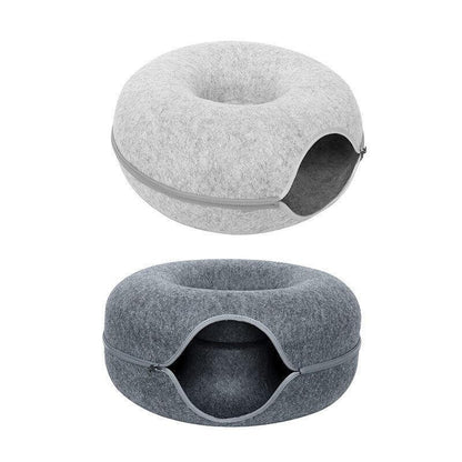 Light grey and dark grey pet tunnels on a white background