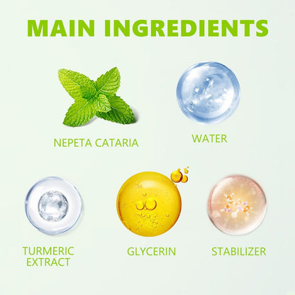 List of main ingredients with corresponding icons and labels on a green background - Nepeta Cataria, water, turmeric extract, glycerin, stabilizer