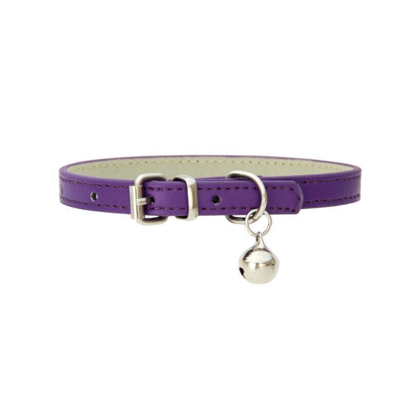 Adjustable PU Leather Cat Collar with Bell Breakaway Buckle 9 Colours - Purple