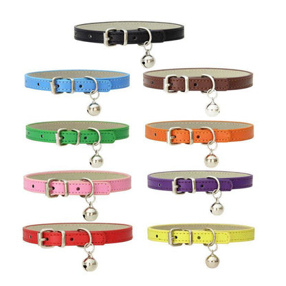 Set of colorful cat collars with bell attachments on a white background