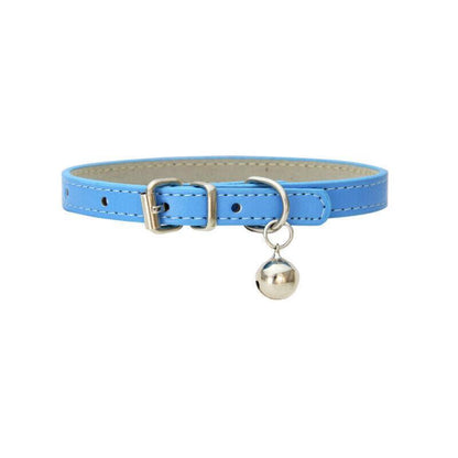 Blue leather cat collar with a silver bell on a white background