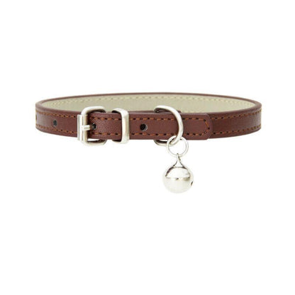 Brown leather cat collar with a silver bell on a white background
