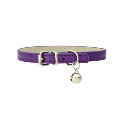 Purple cat collar with a silver bell on a white background
