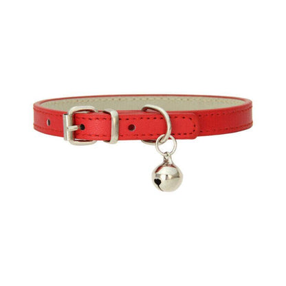 Red leather cat collar with a silver bell on a white background