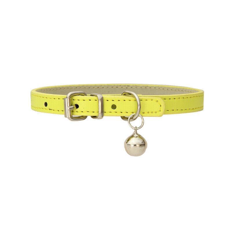 Adjustable PU Leather Cat Collar with Bell Breakaway Buckle 9 Colours - Yellow