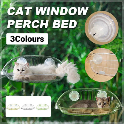 Cat window perch bed with a cat on it, shown in three different colors against a green grass background.