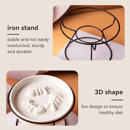 Iron stand with 3D shape design for pet bowls, on a beige background.