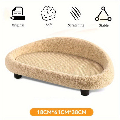Beige pet bed with text and icons saying 'Original, Soft, Scratching, Stable' on a white background